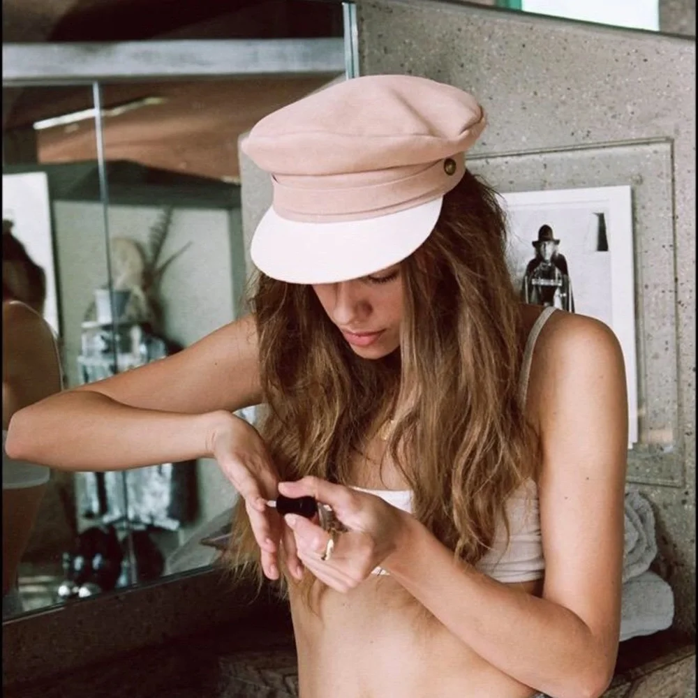 New LACK OF COLOR Rose Suede Leather Newsboy Cap in Pink